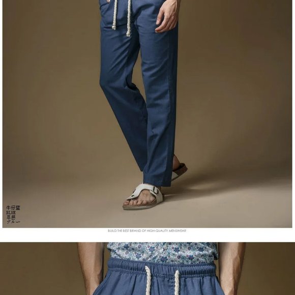 Linen Blend Lightweight Solid Casual Pants Drawstring Rope Pockets Elastic Waist - Picture 8 of 13